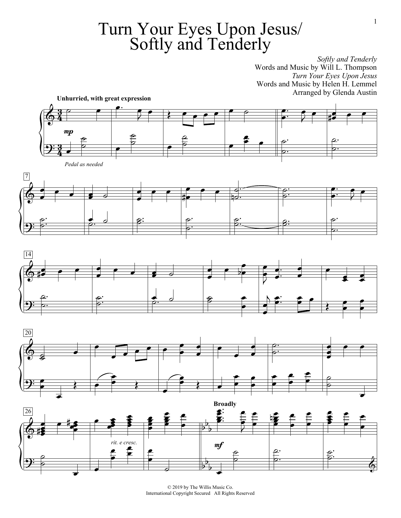 Helen H. Lemmel Turn Your Eyes Upon Jesus/Softly And Tenderly (arr. Glenda Austin) sheet music notes and chords arranged for Educational Piano