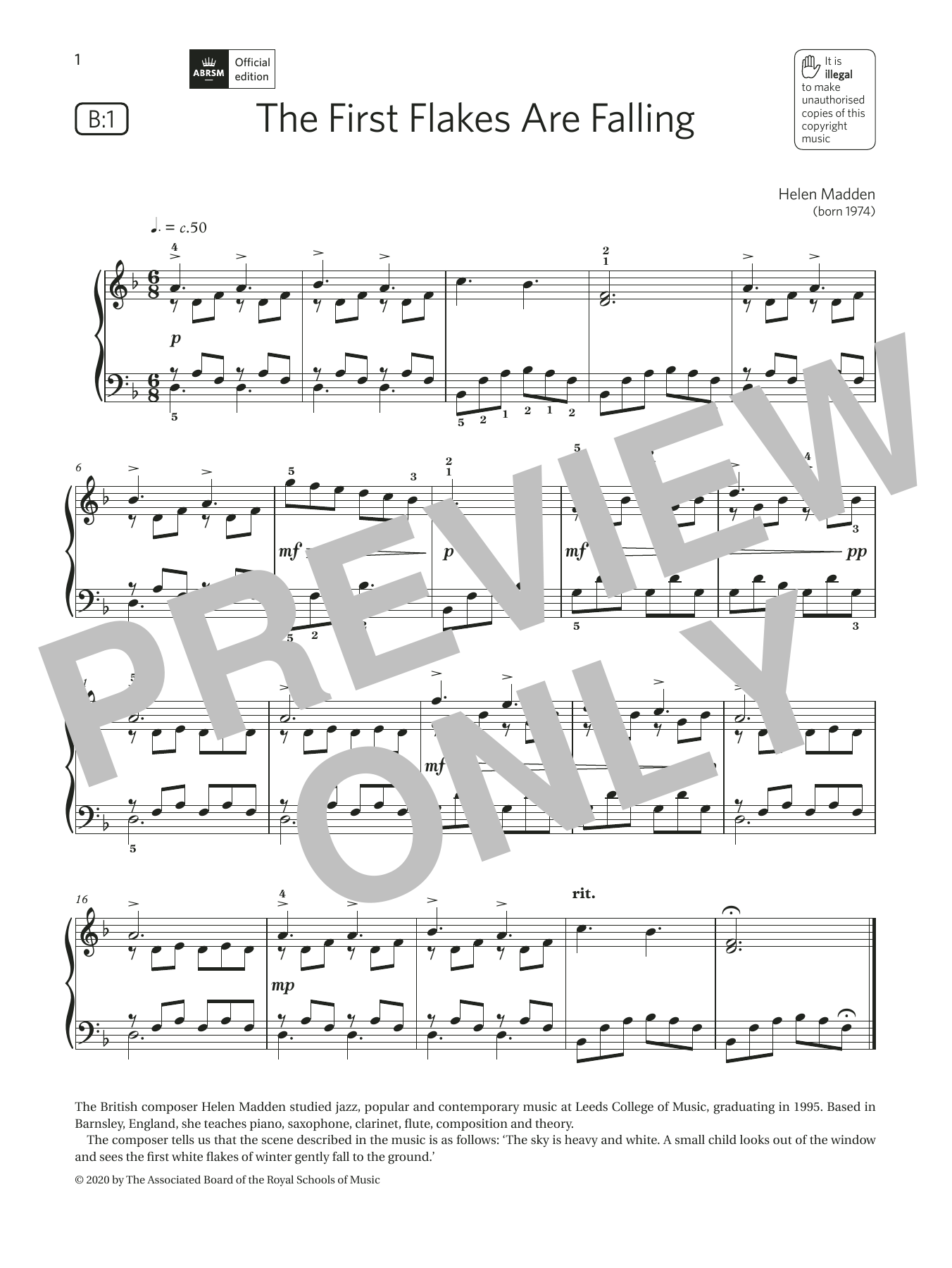 Helen Madden The First Flakes Are Falling (Grade 2, list B1, from the ABRSM Piano Syllabus 2021 & 2022) sheet music notes and chords arranged for Piano Solo