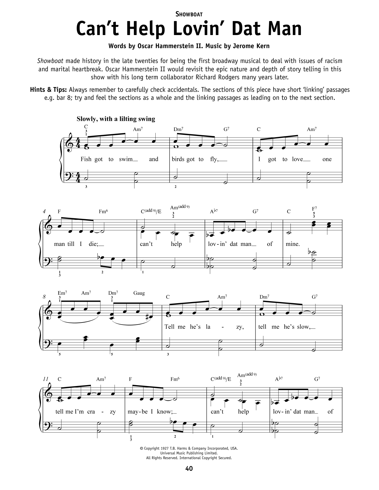 Helen Morgan Can't Help Lovin' Dat Man (from Show Boat) sheet music notes and chords arranged for Really Easy Piano