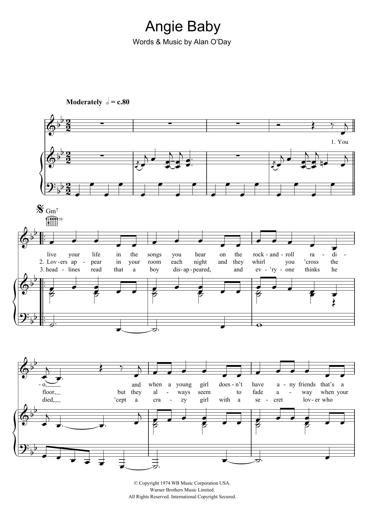 Helen Reddy Angie Baby sheet music notes and chords arranged for Piano, Vocal & Guitar Chords