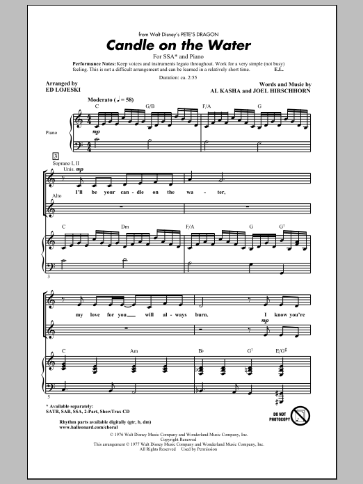 Helen Reddy Candle On The Water (from Pete's Dragon) (arr. Ed Lojeski) sheet music notes and chords arranged for SAB Choir