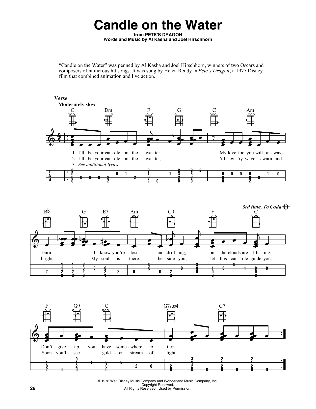 Helen Reddy Candle On The Water (from Pete's Dragon) (arr. Fred Sokolow) sheet music notes and chords arranged for Easy Ukulele Tab