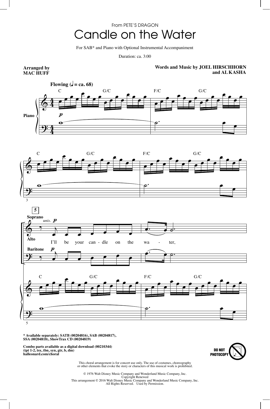 Helen Reddy Candle On The Water (from Pete's Dragon) (arr. Mac Huff) sheet music notes and chords arranged for SAB Choir