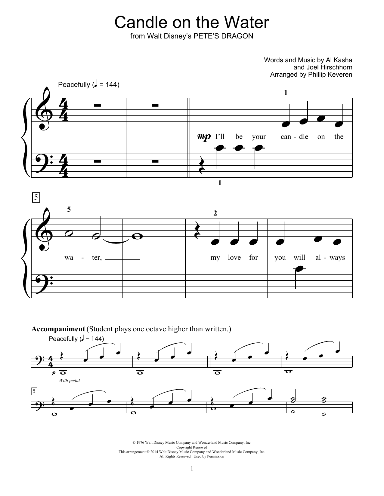 Helen Reddy Candle On The Water (from Pete's Dragon) (arr. Phillip Keveren) sheet music notes and chords arranged for Educational Piano