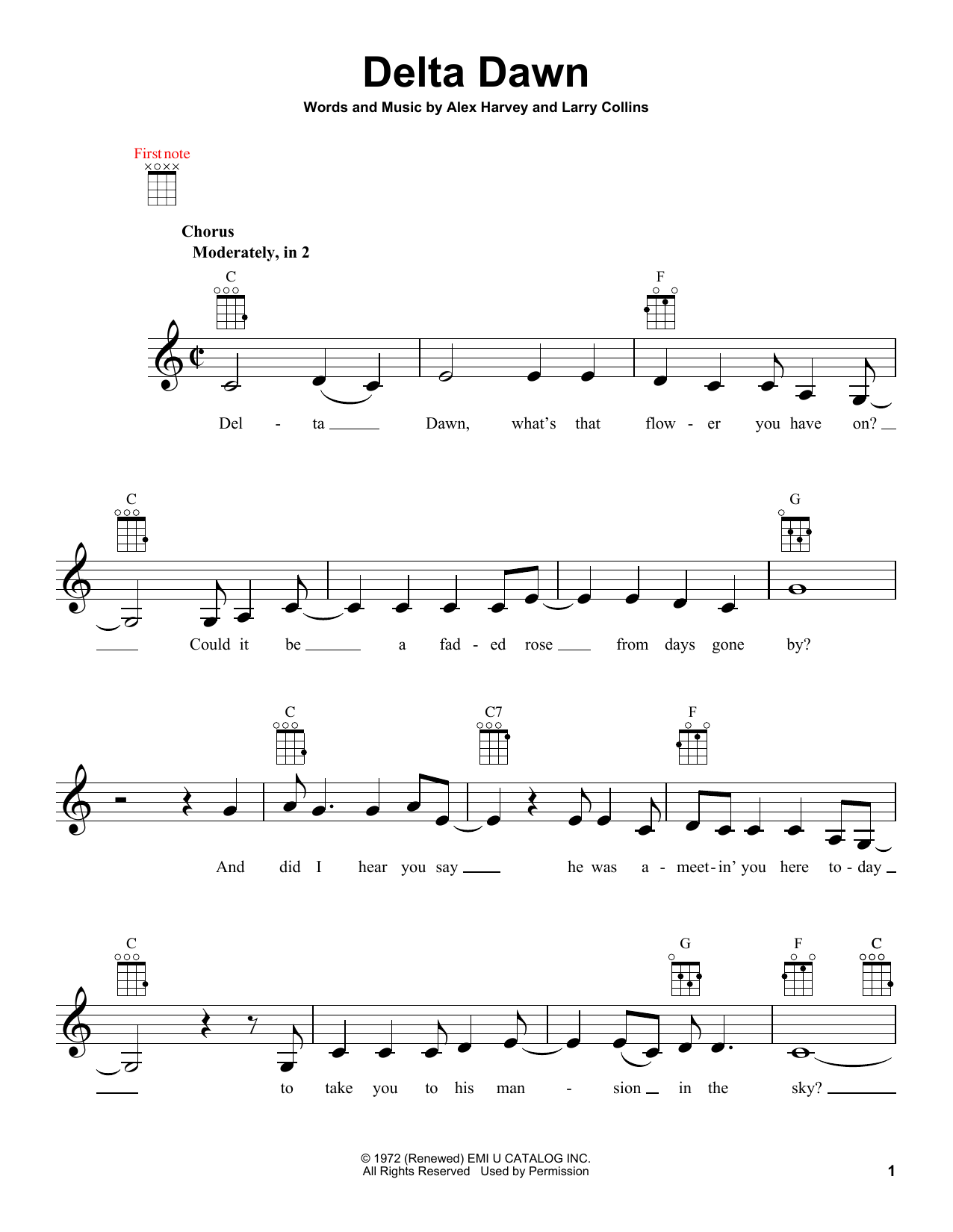 Helen Reddy Delta Dawn sheet music notes and chords arranged for Ukulele
