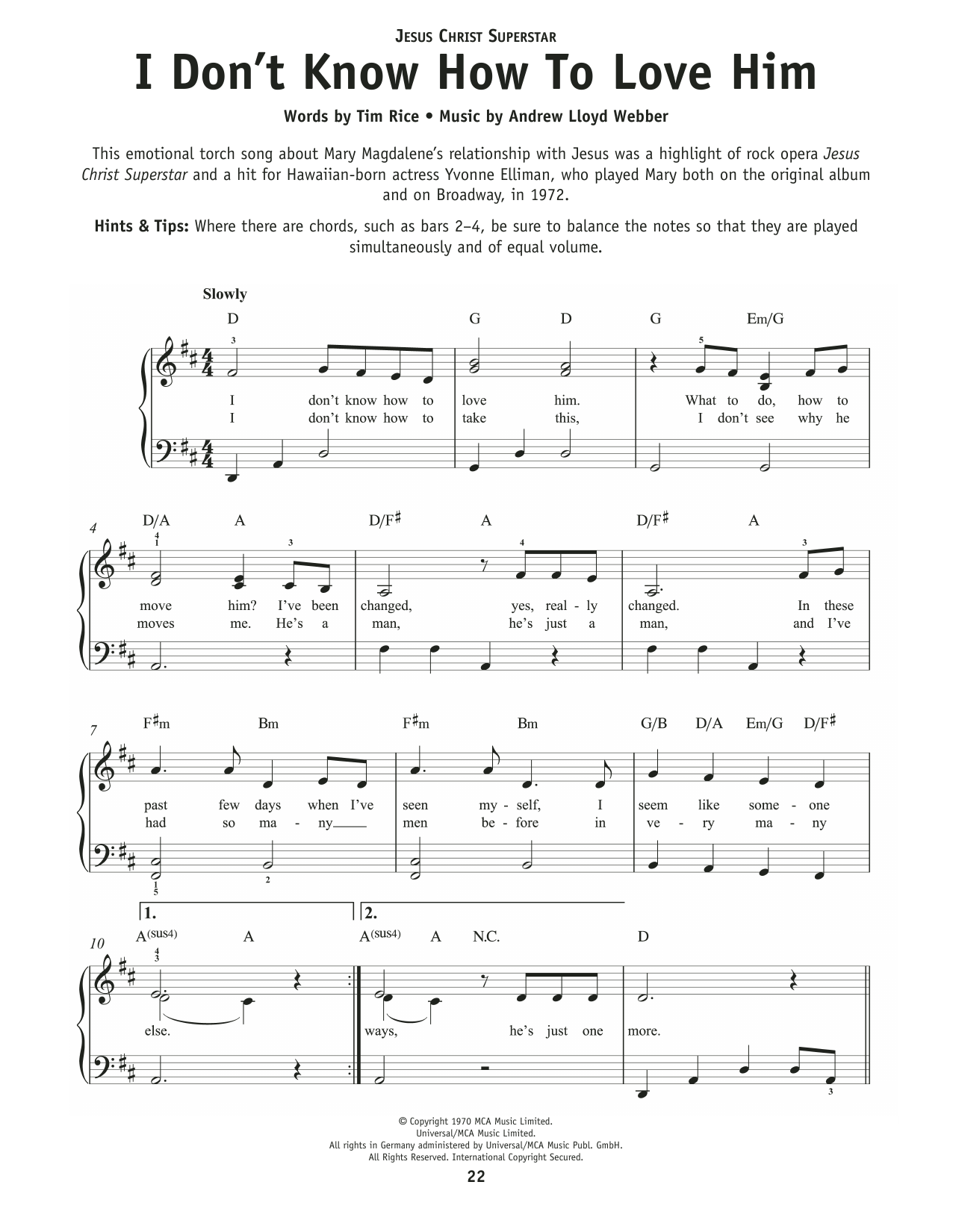 Helen Reddy I Don't Know How To Love Him (from Jesus Christ Superstar) sheet music notes and chords arranged for Really Easy Piano