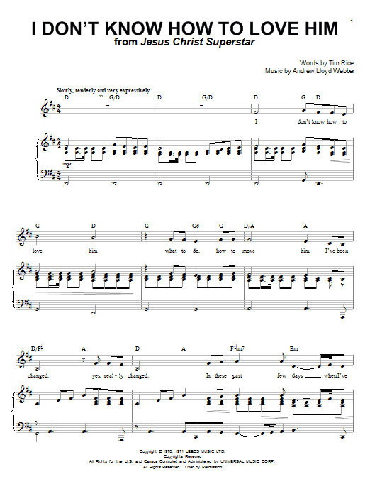 Helen Reddy I Don't Know How To Love Him sheet music notes and chords arranged for Piano & Vocal