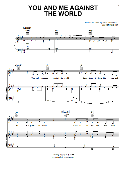 Helen Reddy You And Me Against The World sheet music notes and chords arranged for Easy Piano