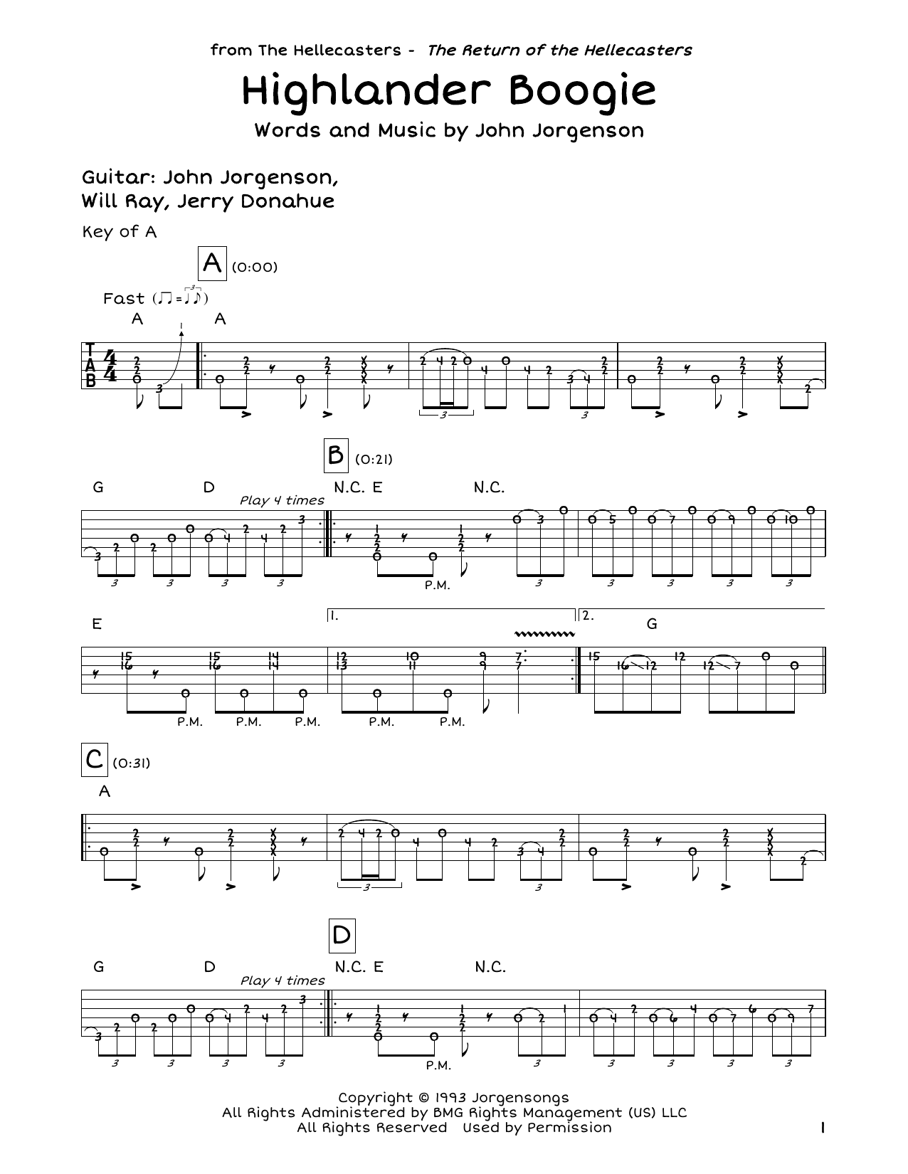 Hellecasters Highlander Boogie sheet music notes and chords arranged for Guitar Cheat Sheet