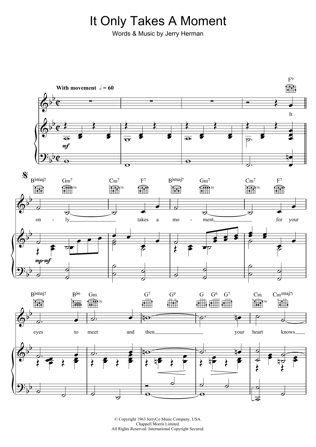 Hello Dolly It Only Takes A Moment (from Hello, Dolly!) sheet music notes and chords arranged for Piano, Vocal & Guitar Chords