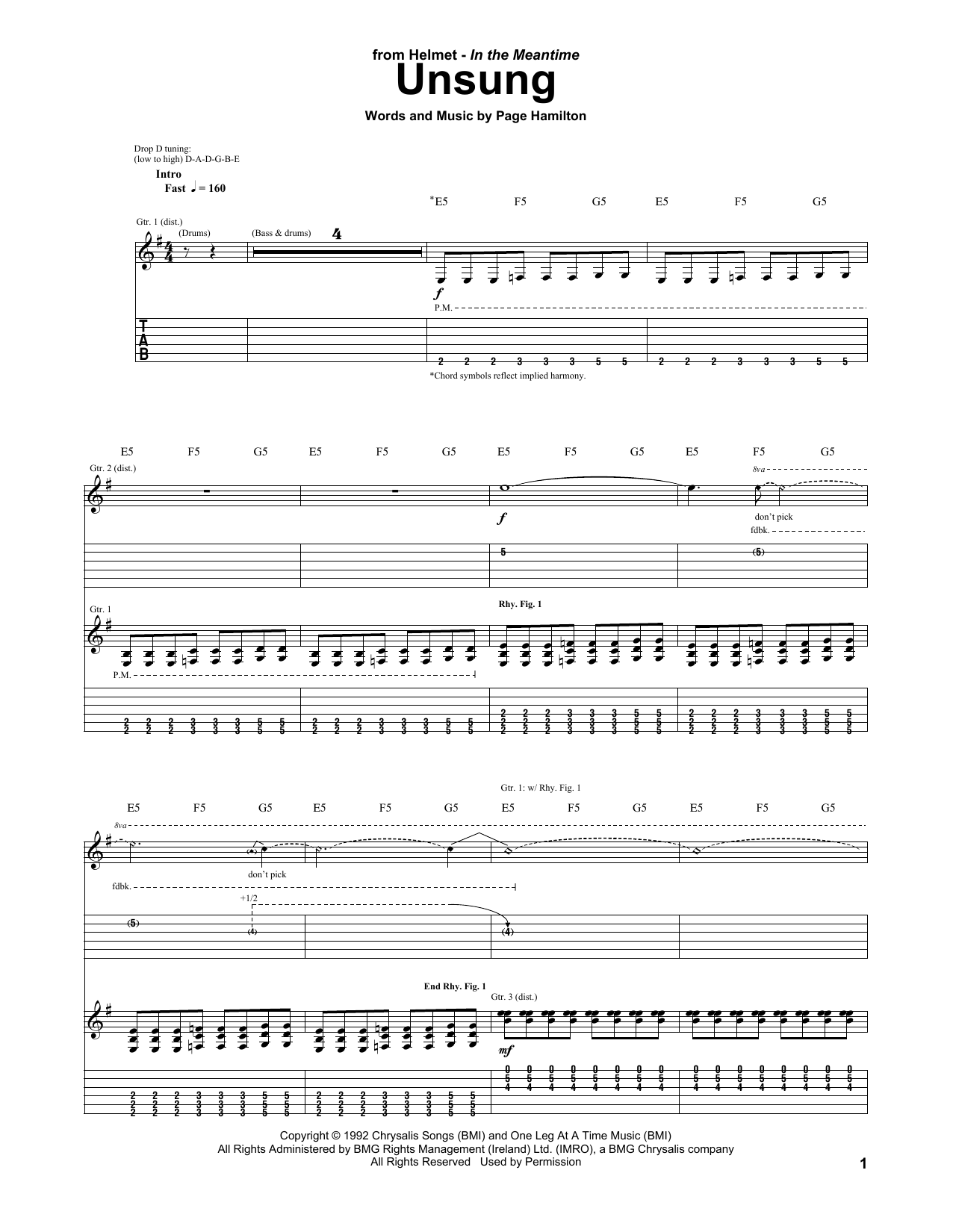 Helmet Unsung sheet music notes and chords arranged for Guitar Tab