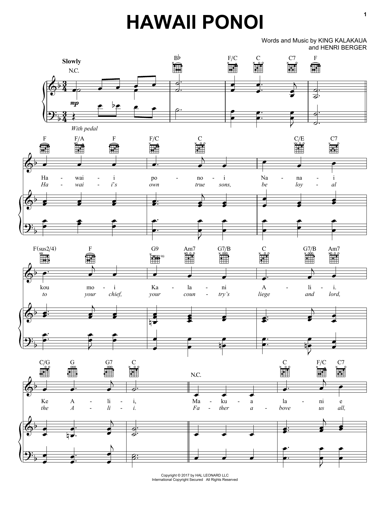 Henri Berger Hawaii Ponoi sheet music notes and chords arranged for Piano, Vocal & Guitar Chords (Right-Hand Melody)