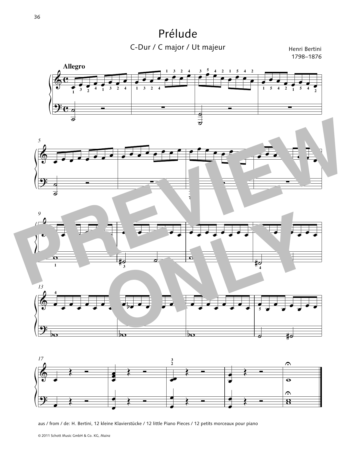 Henri Bertini Prélude C major sheet music notes and chords arranged for Piano Solo