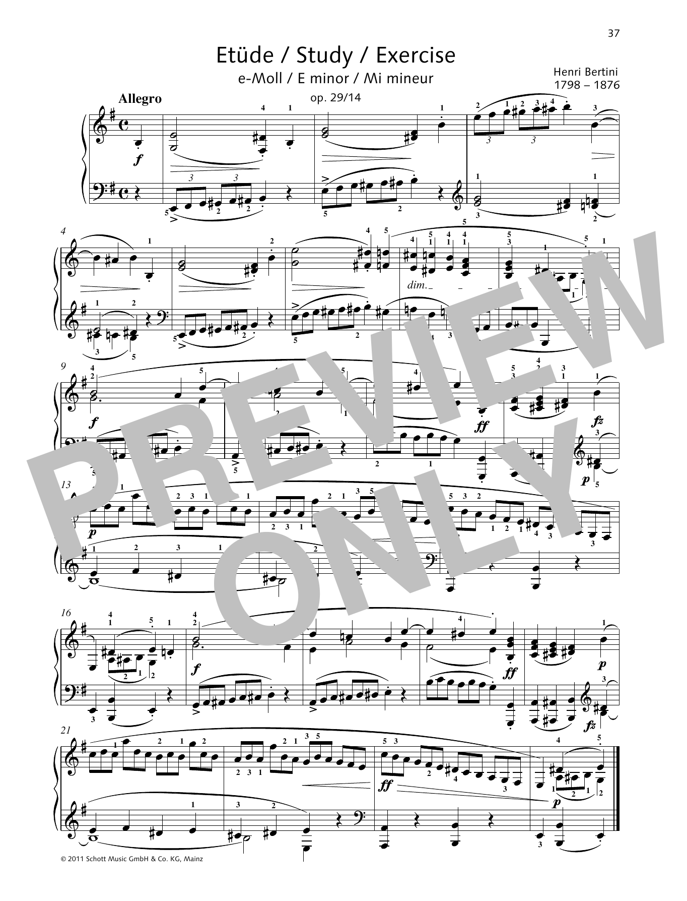 Henri Bertini Study E minor sheet music notes and chords arranged for Piano Solo