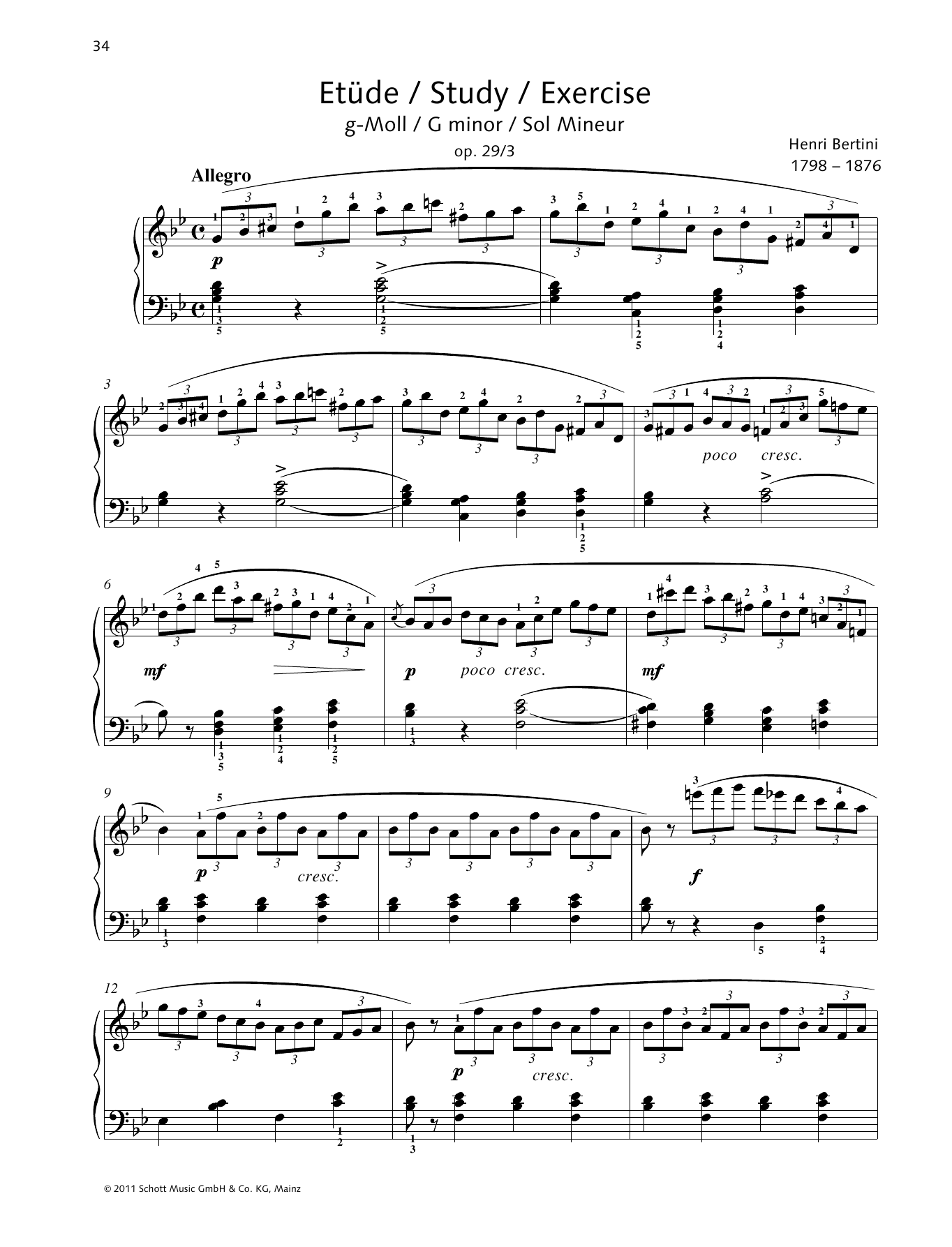 Henri Bertini Study G minor sheet music notes and chords arranged for Piano Solo