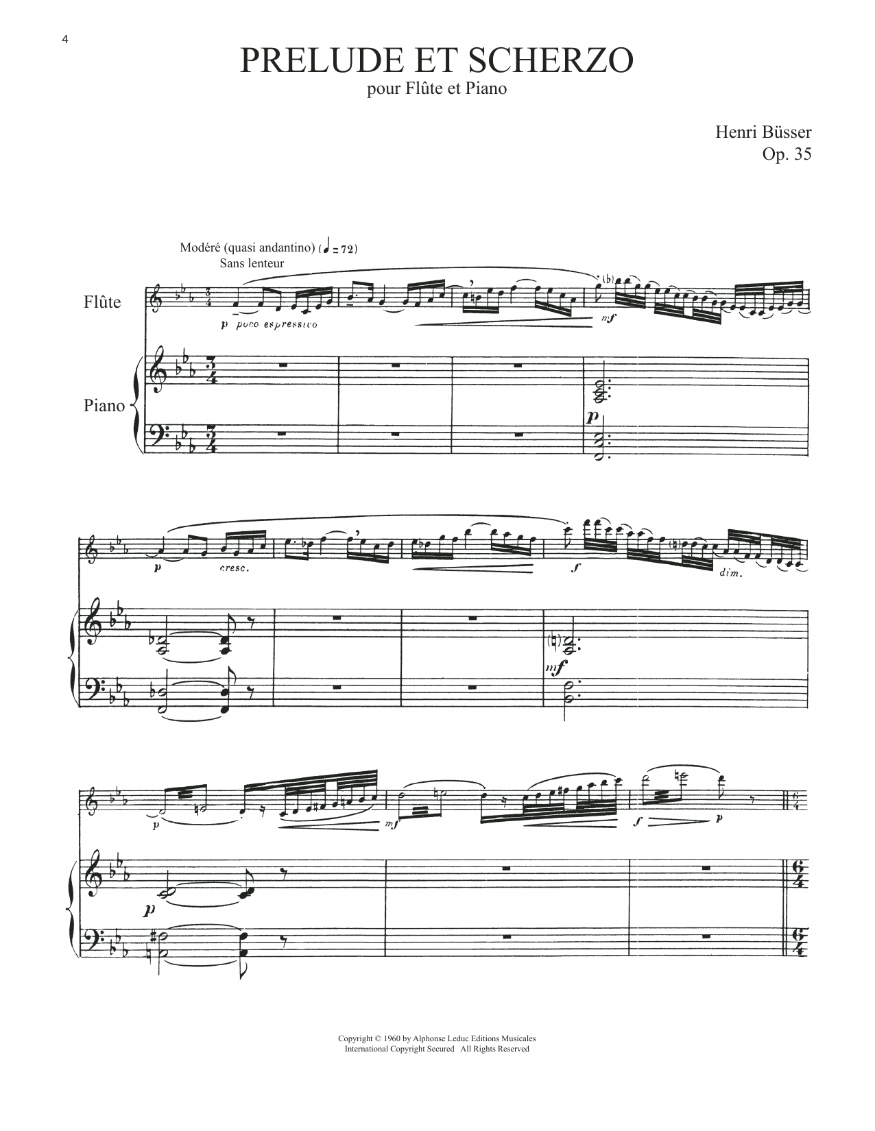 Henri Busser Prelude Et Scherzo, Op. 35 sheet music notes and chords arranged for Flute and Piano