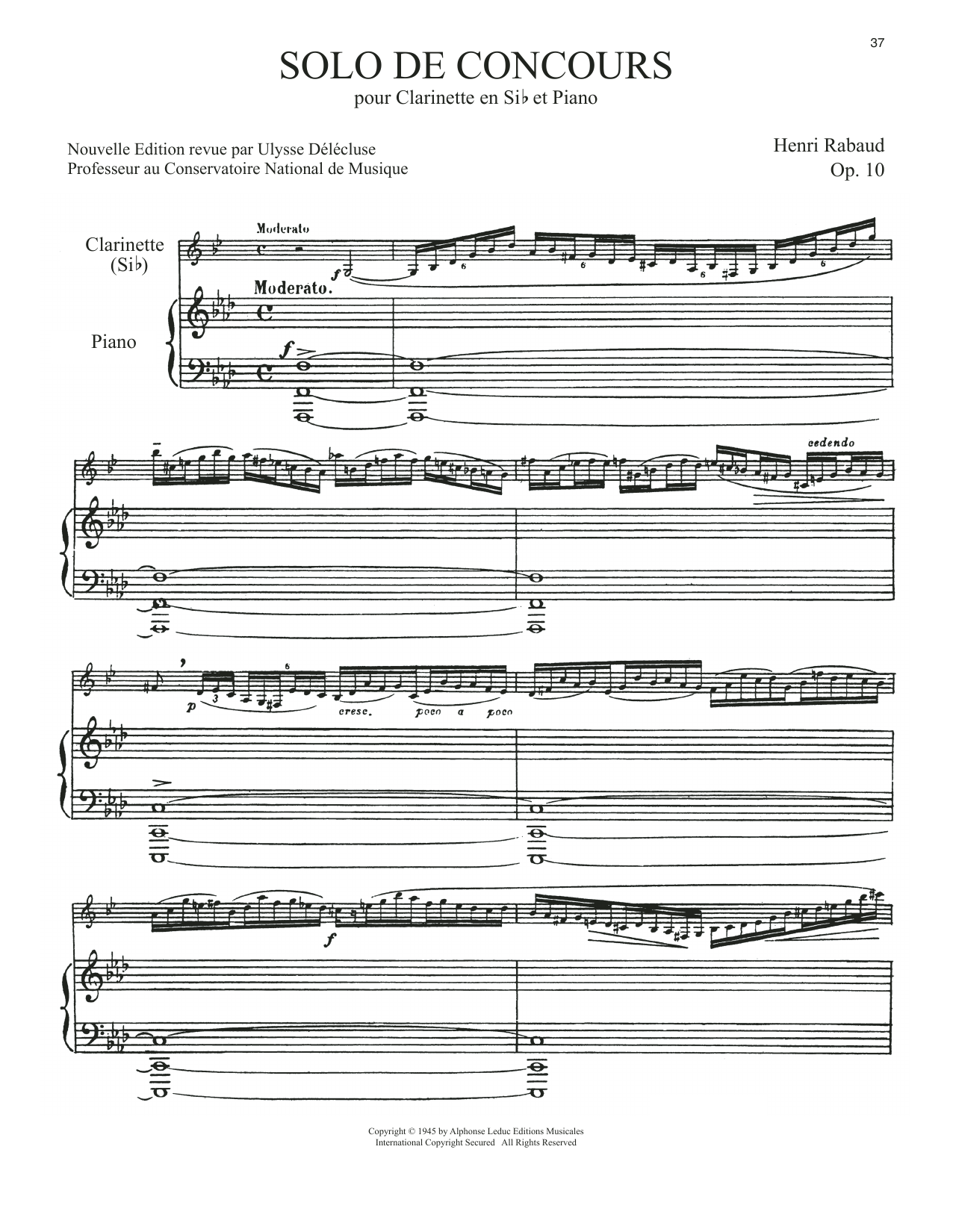 Henri Rabaud Solo De Concours sheet music notes and chords arranged for Clarinet and Piano