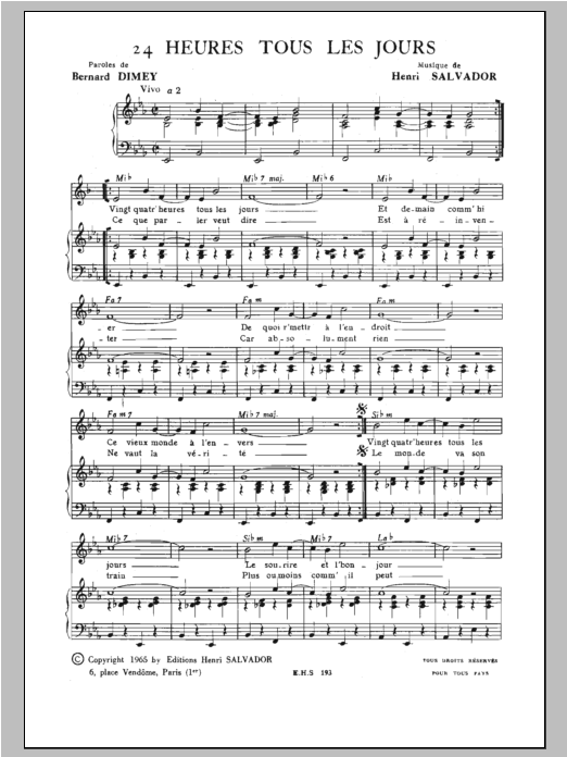 Henri Salvador 24 Heures Tous Les Jours sheet music notes and chords arranged for Piano, Vocal & Guitar Chords