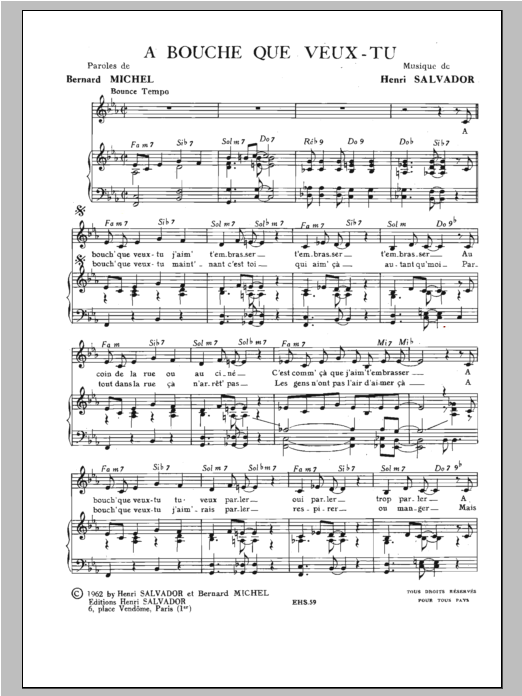 Henri Salvador A Bouche Que Veux-Tu sheet music notes and chords arranged for Piano, Vocal & Guitar Chords