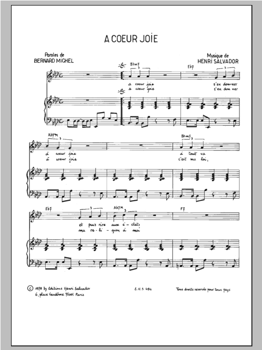 Henri Salvador A Coeur Joie sheet music notes and chords arranged for Piano, Vocal & Guitar Chords