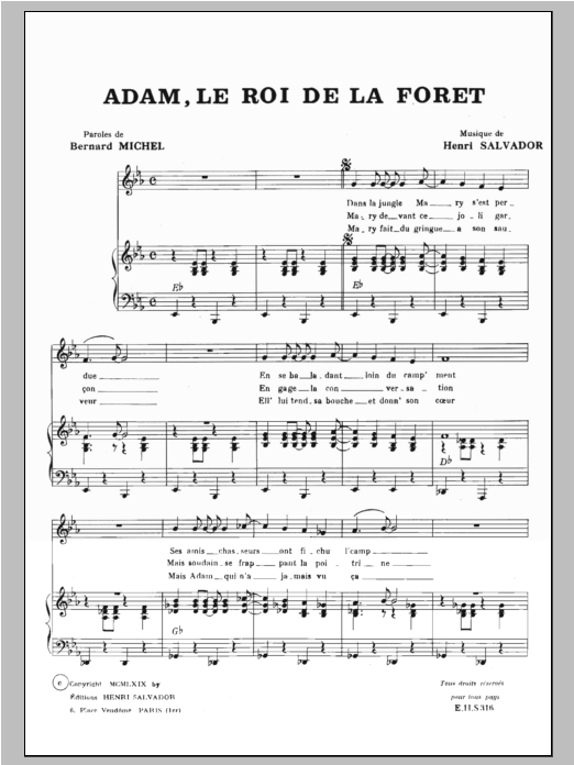 Henri Salvador Adam Roi De La Foret sheet music notes and chords arranged for Piano, Vocal & Guitar Chords