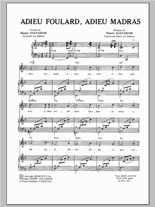 Henri Salvador Adieu Foulard Adieu Madras sheet music notes and chords arranged for Piano, Vocal & Guitar Chords