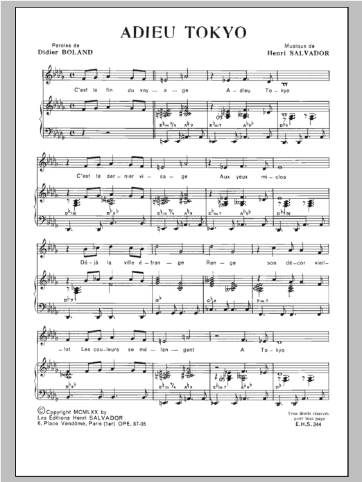 Henri Salvador Adieu Tokio sheet music notes and chords arranged for Piano, Vocal & Guitar Chords
