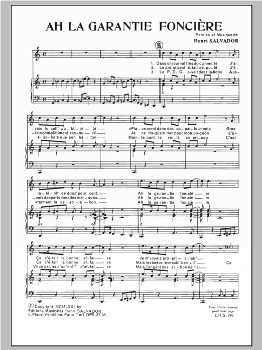 Henri Salvador Ah! La Garantie Fonciere sheet music notes and chords arranged for Piano, Vocal & Guitar Chords
