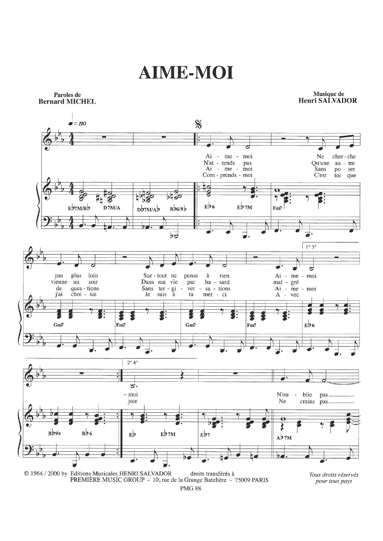 Henri Salvador Aime-Moi sheet music notes and chords arranged for Piano & Vocal