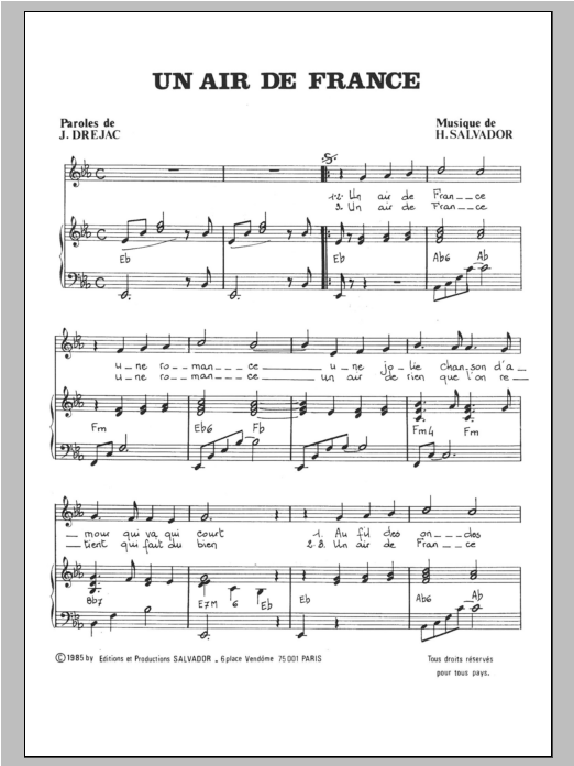 Henri Salvador Air De France sheet music notes and chords arranged for Piano & Vocal