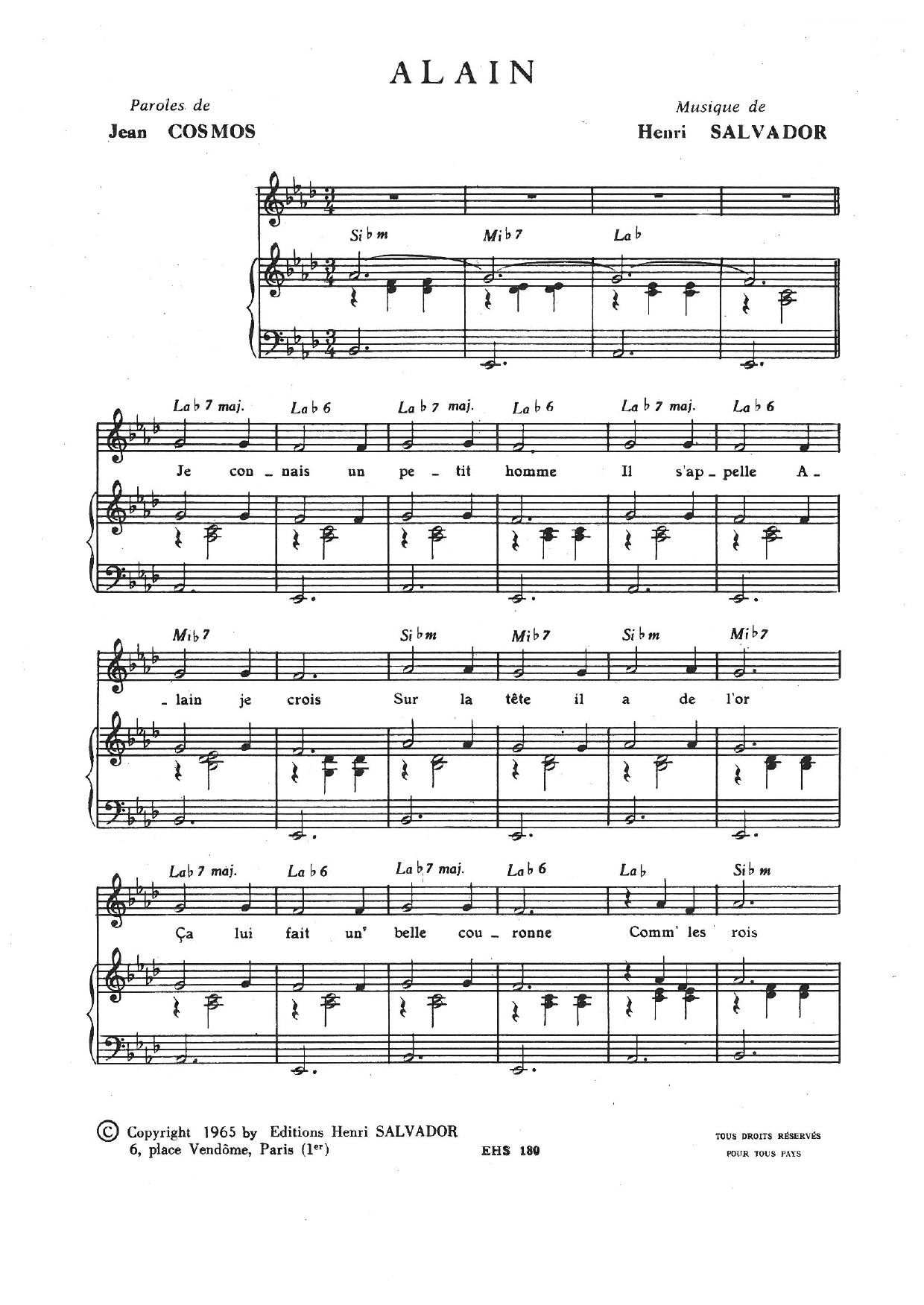 Henri Salvador Alain sheet music notes and chords arranged for Piano & Vocal