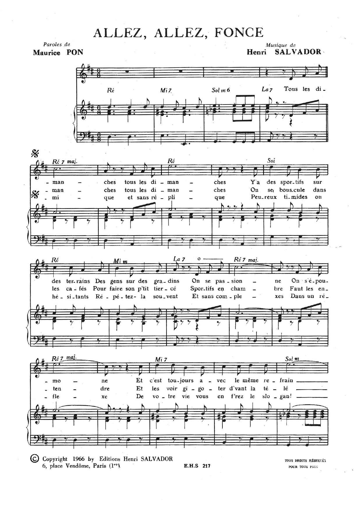 Henri Salvador Allez Allez Fonce sheet music notes and chords arranged for Piano & Vocal
