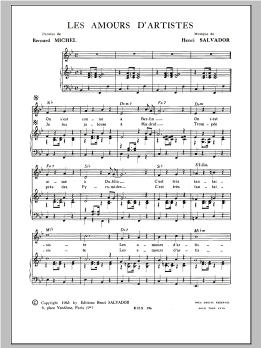 Henri Salvador Amours D'artistes sheet music notes and chords arranged for Piano & Vocal