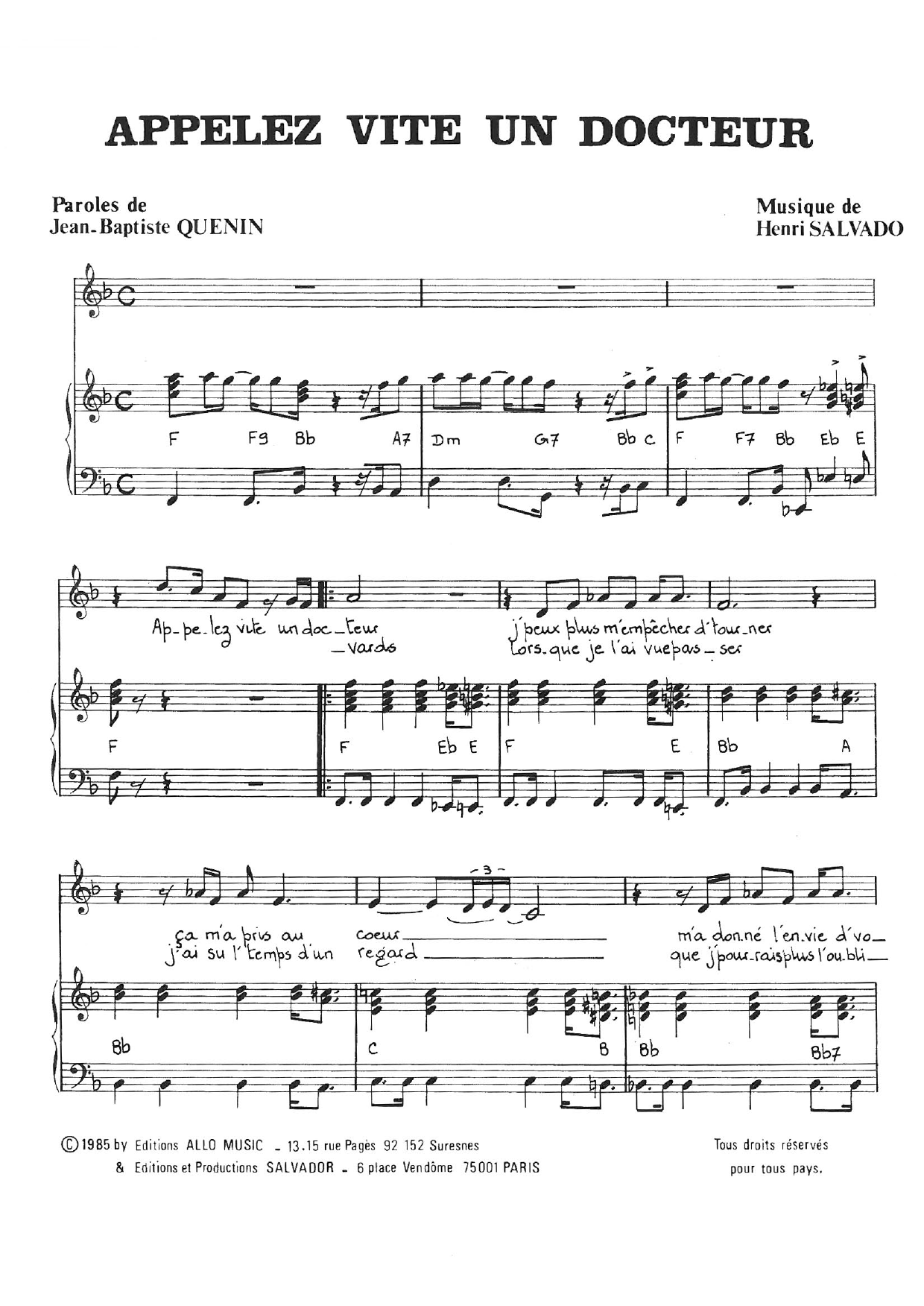 Henri Salvador Appelez Vite Un Docteur sheet music notes and chords arranged for Piano & Vocal
