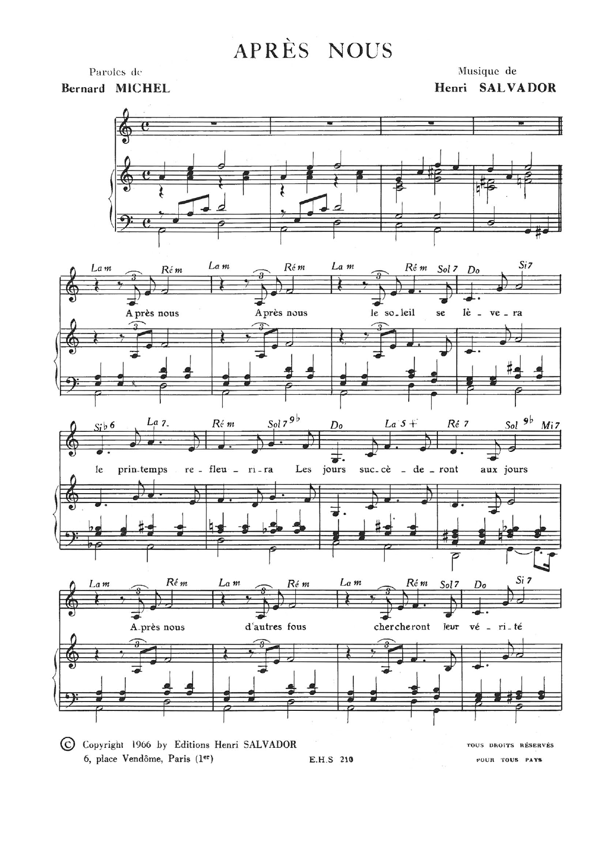 Henri Salvador Apres Nous sheet music notes and chords arranged for Piano & Vocal