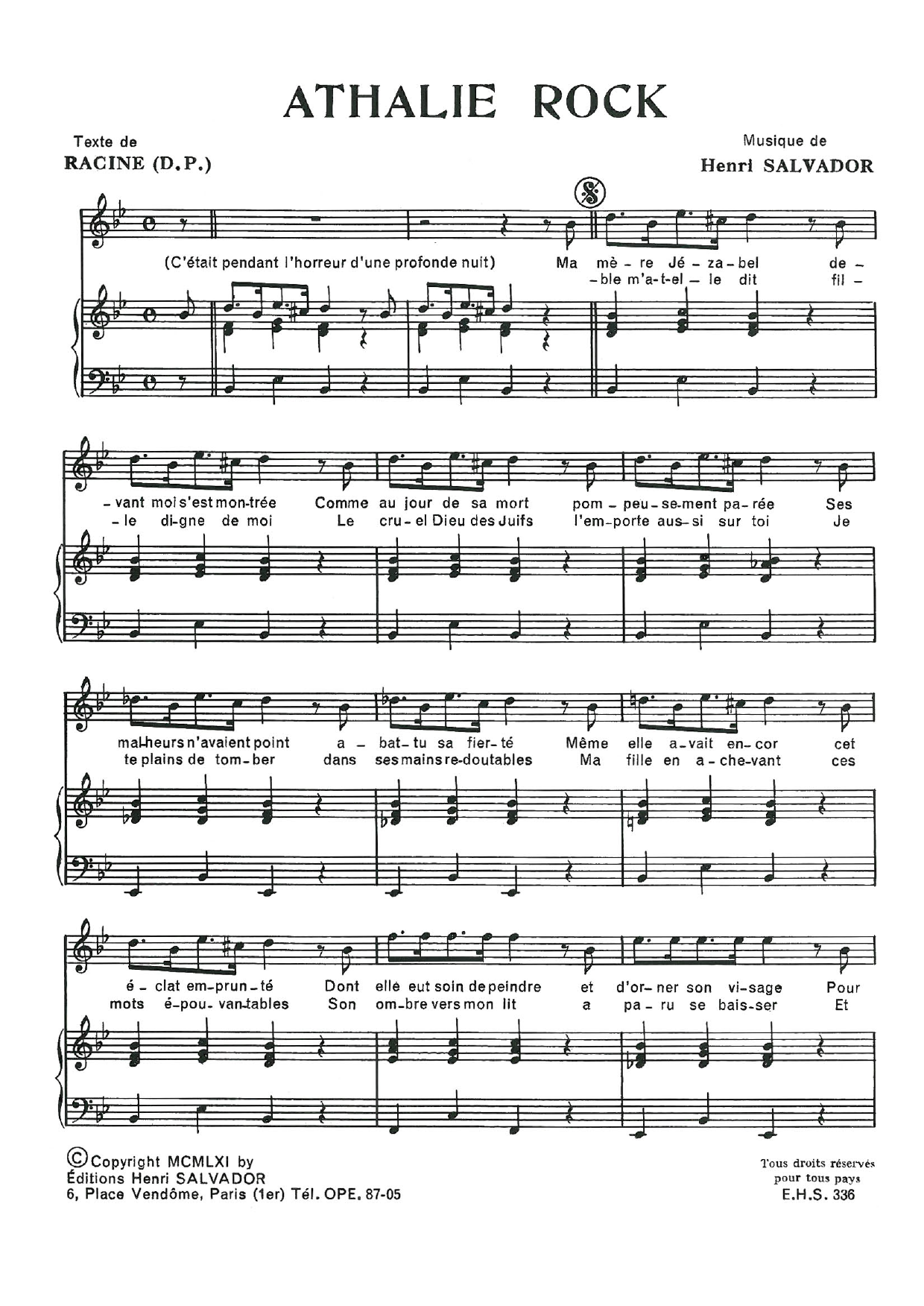 Henri Salvador Athalie Rock sheet music notes and chords arranged for Piano & Vocal