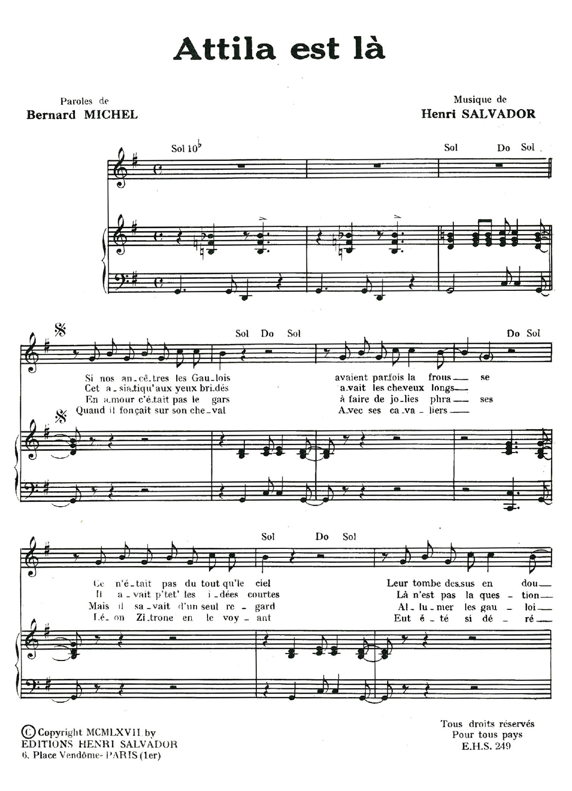 Henri Salvador Attila Est La sheet music notes and chords arranged for Piano & Vocal