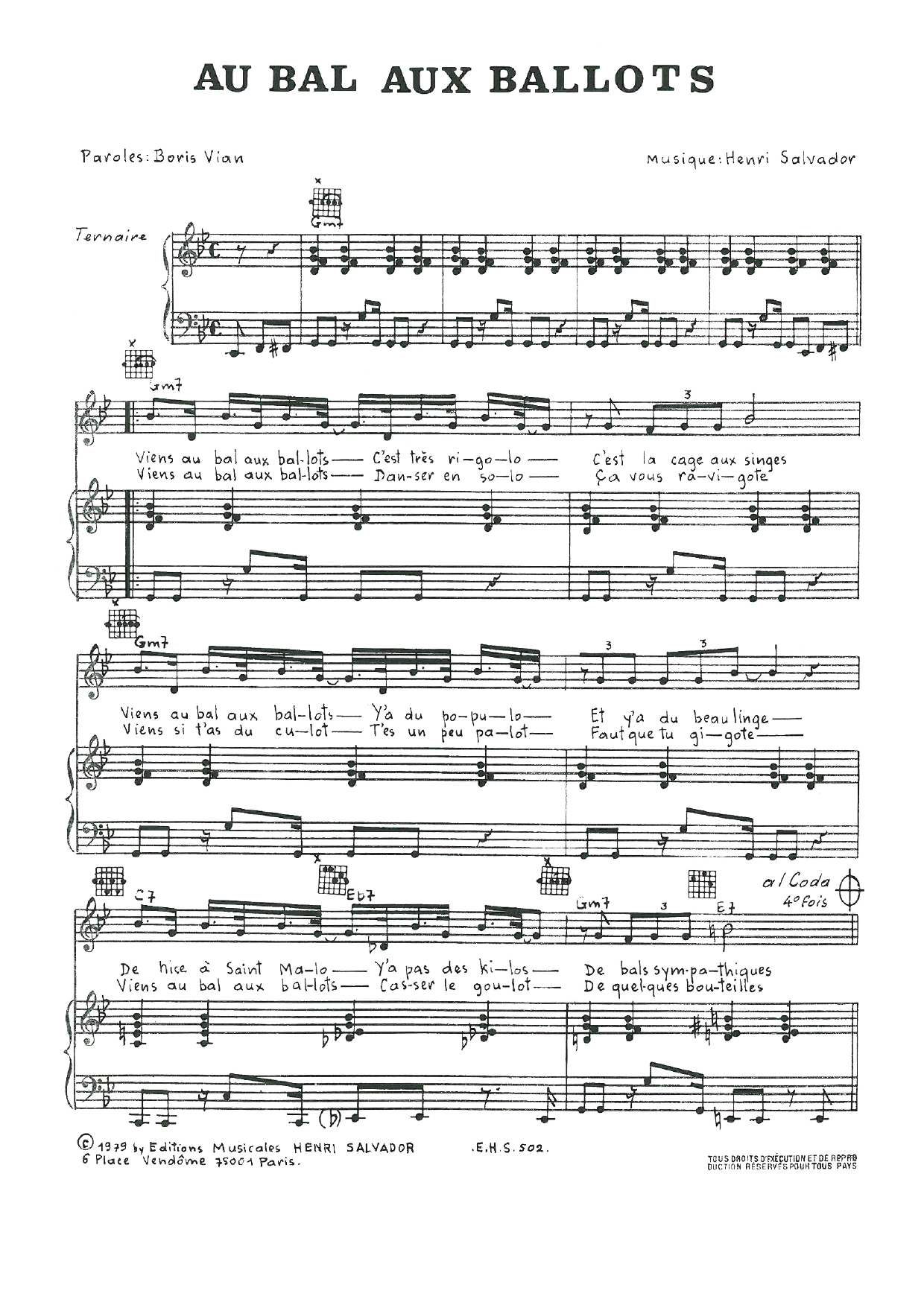 Henri Salvador Au Bal Aux Ballots sheet music notes and chords arranged for Piano, Vocal & Guitar Chords
