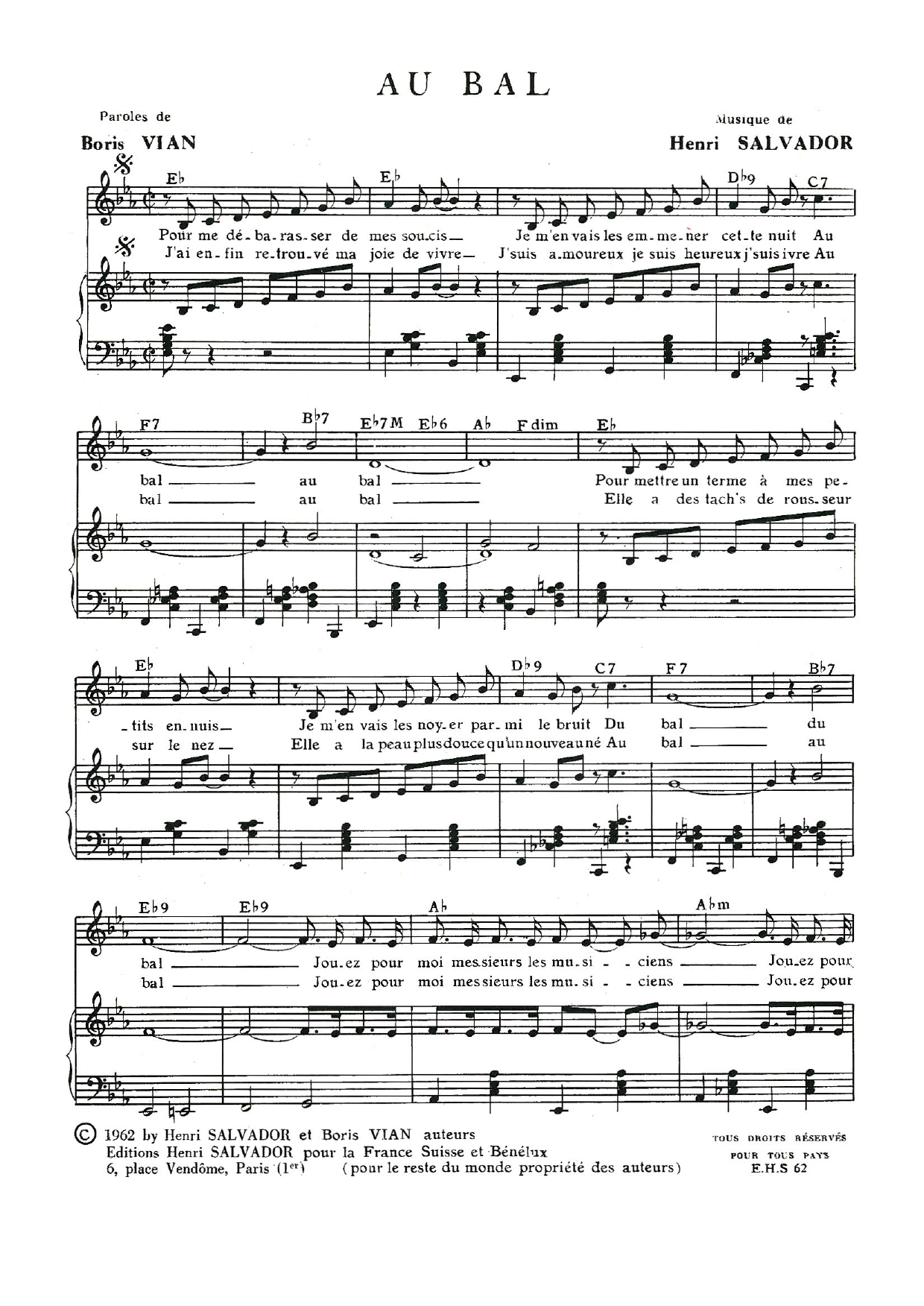 Henri Salvador Au Bal sheet music notes and chords arranged for Piano & Vocal