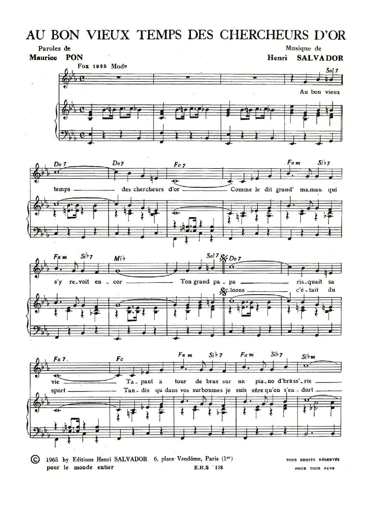 Henri Salvador Au Bon Vieux Temps Des Chercheurs D'or sheet music notes and chords arranged for Piano & Vocal
