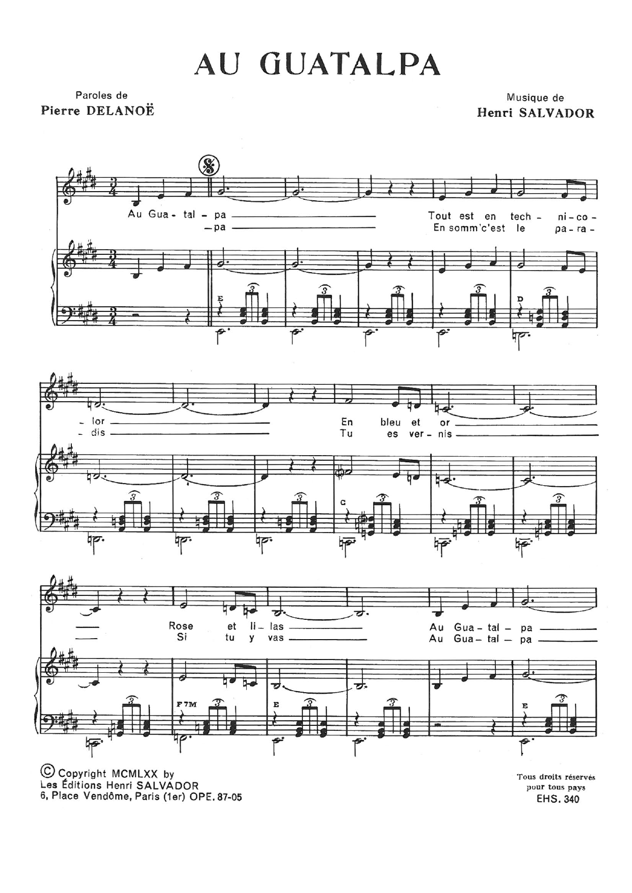 Henri Salvador Au Gatalpa sheet music notes and chords arranged for Piano & Vocal