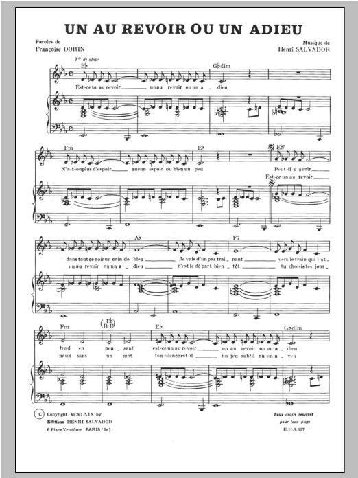 Henri Salvador Au Revoir Ou Un Adieu sheet music notes and chords arranged for Piano & Vocal
