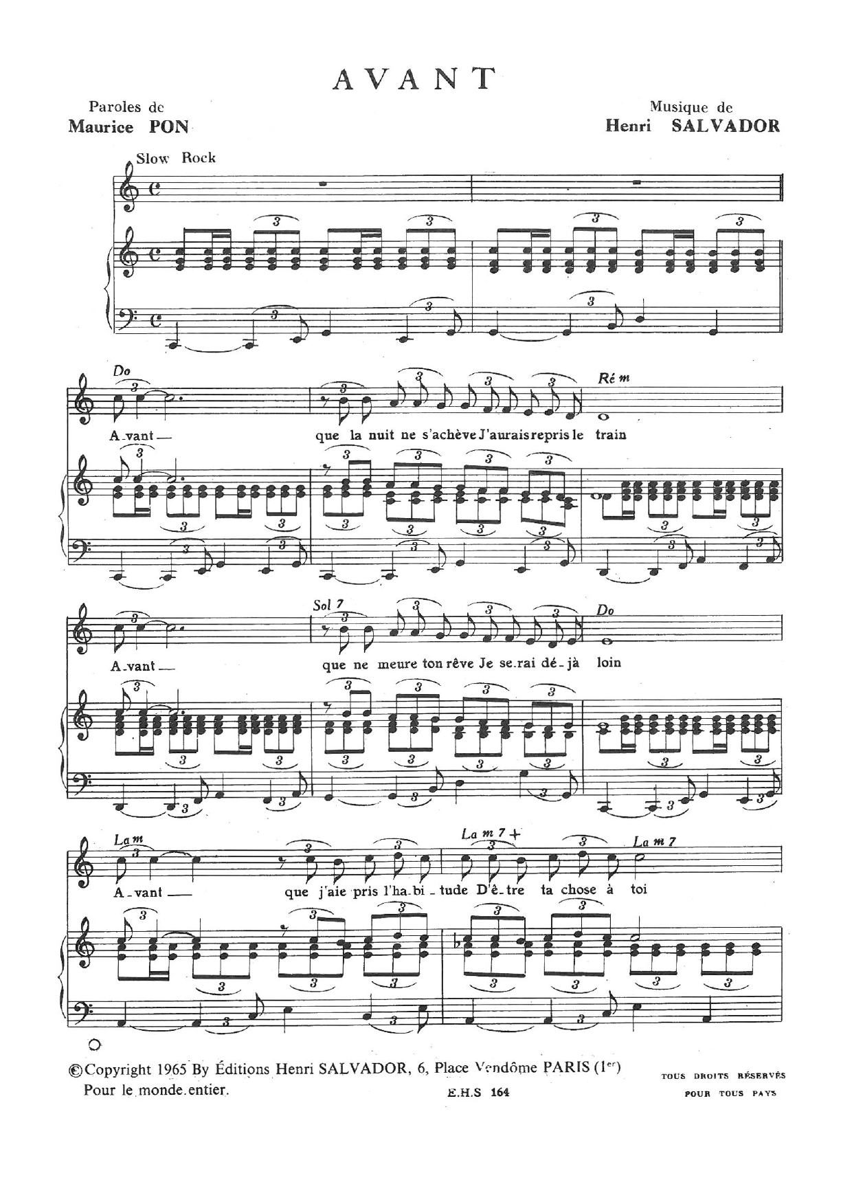 Henri Salvador Avant sheet music notes and chords arranged for Piano & Vocal