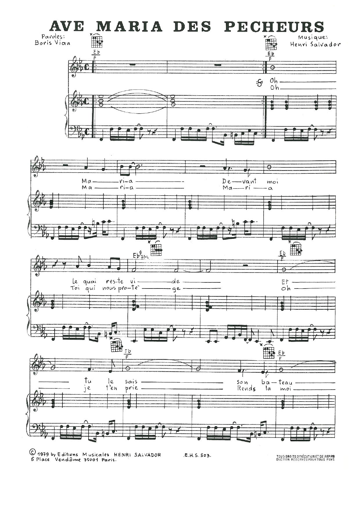Henri Salvador Ave Maria Des Pecheurs sheet music notes and chords arranged for Piano, Vocal & Guitar Chords