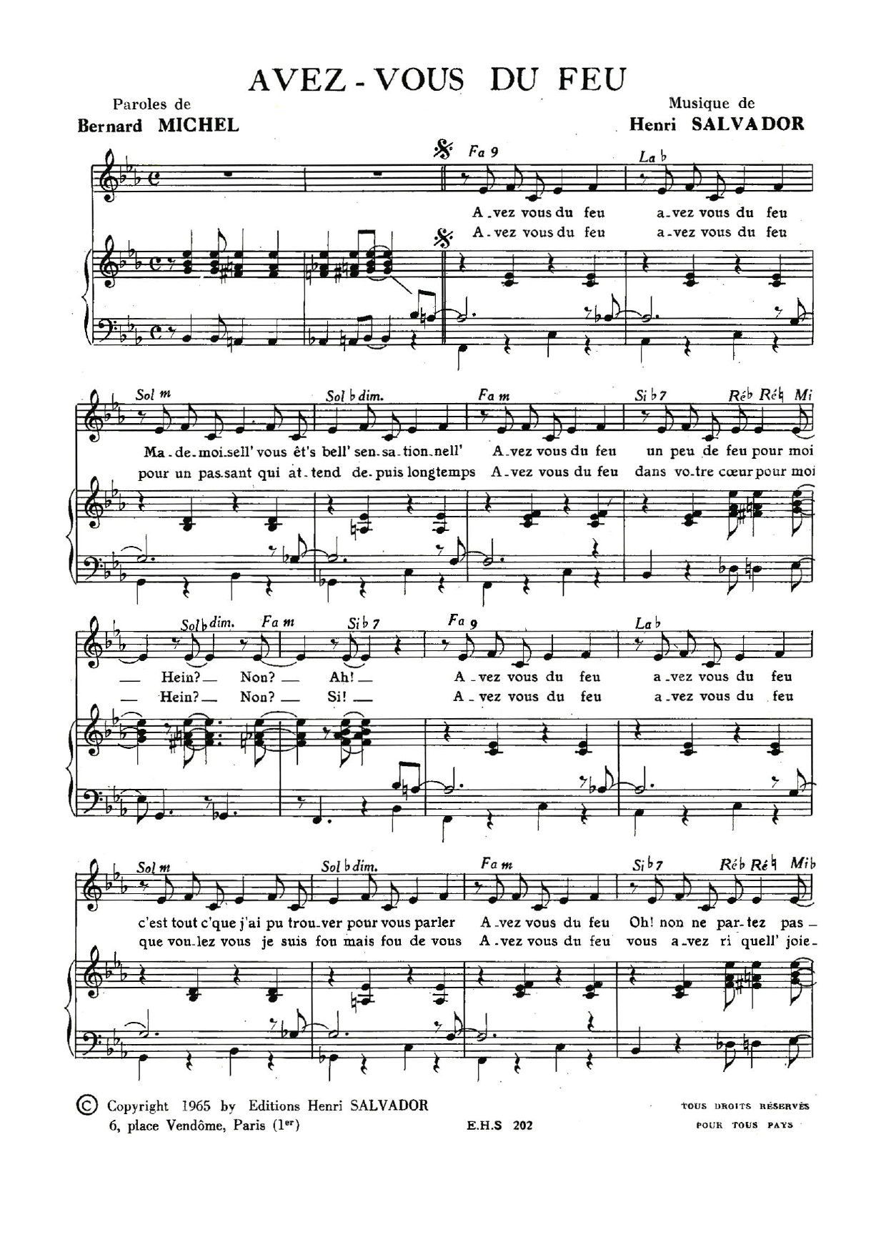 Henri Salvador Avez Vous Du Feu sheet music notes and chords arranged for Piano & Vocal