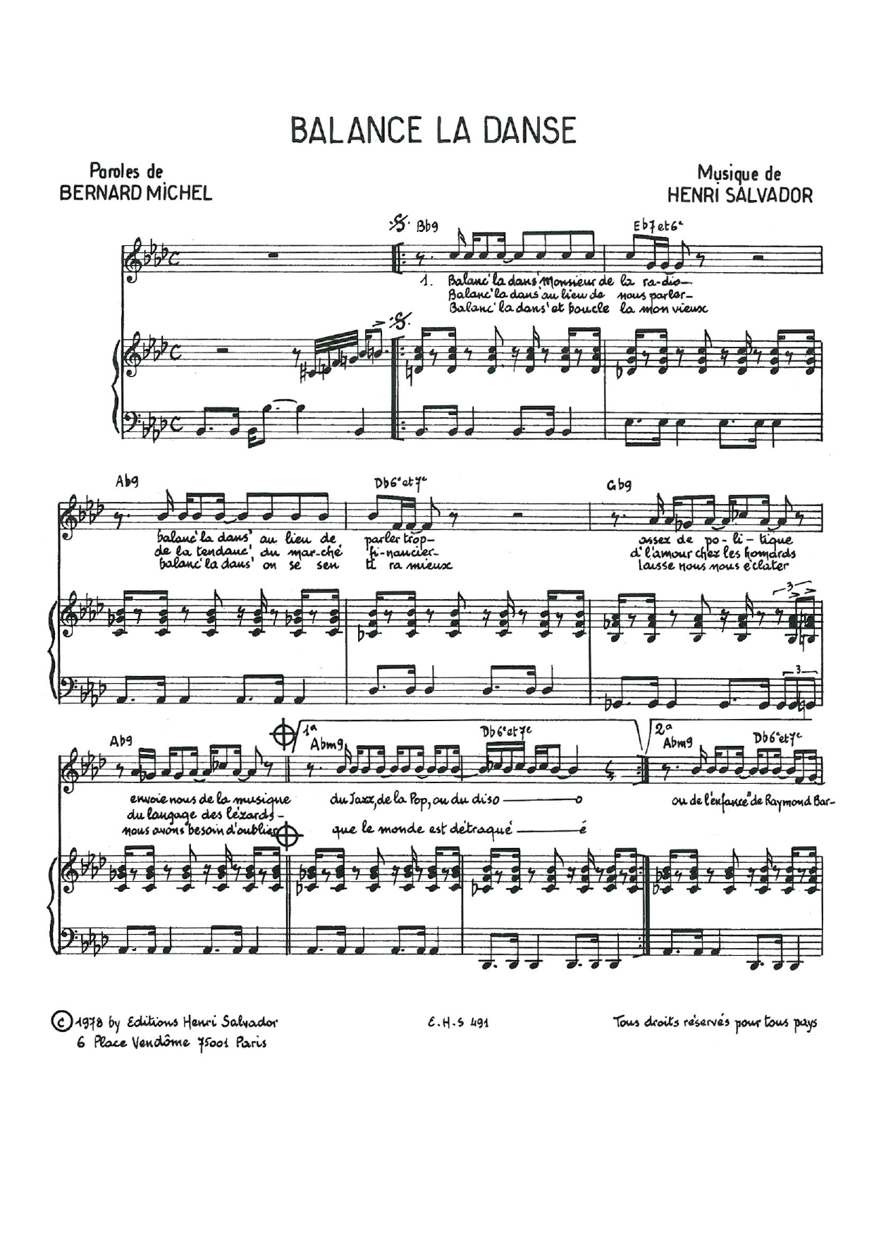 Henri Salvador Balance La Danse sheet music notes and chords arranged for Piano & Vocal
