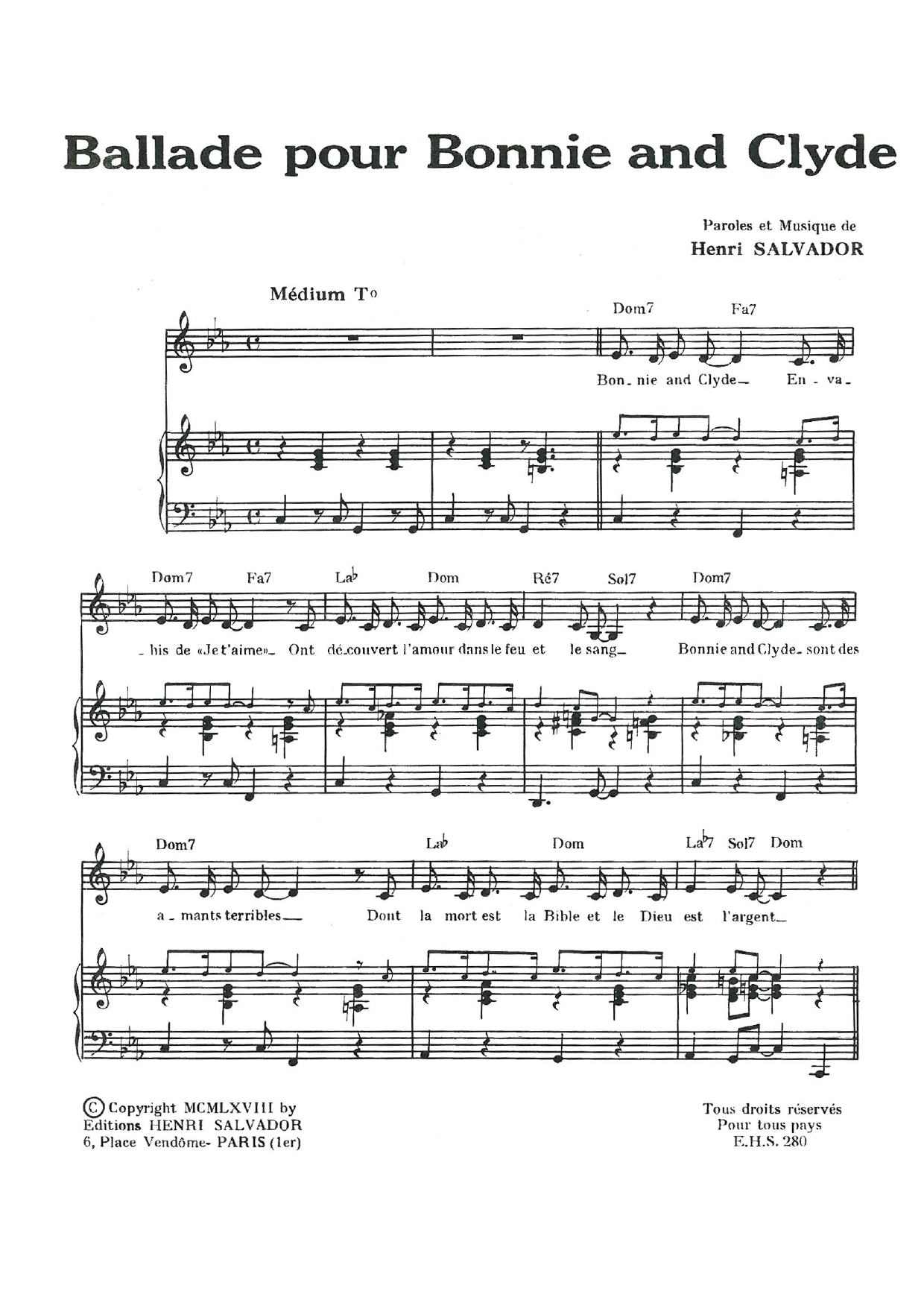 Henri Salvador Ballade Pour Bonnie And Clyde sheet music notes and chords arranged for Piano & Vocal
