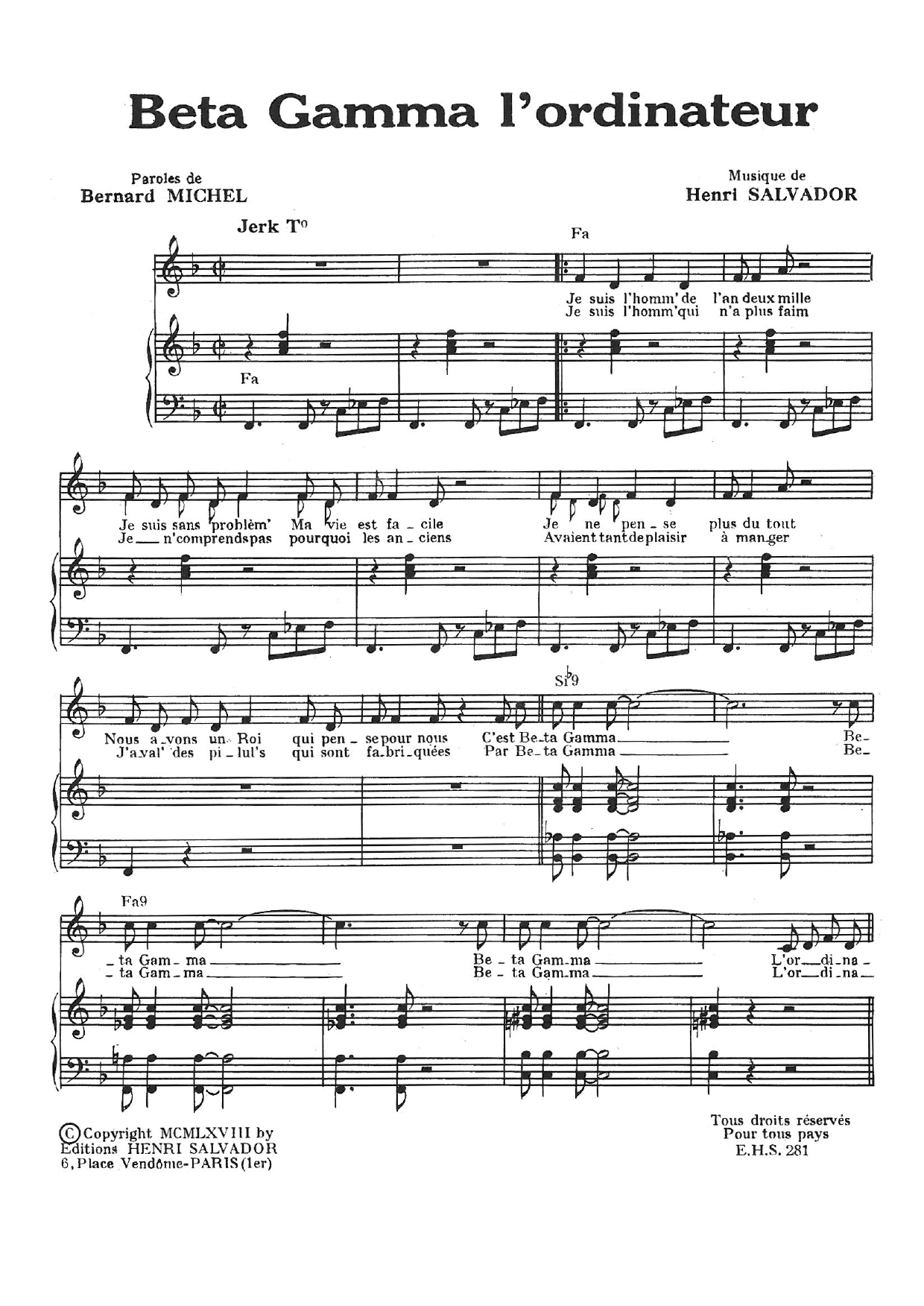 Henri Salvador Beta Gamma L'Ordinateur sheet music notes and chords arranged for Piano & Vocal