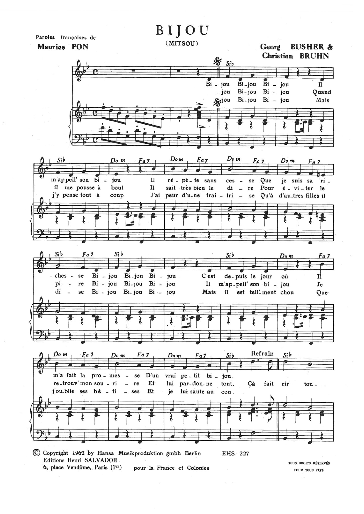Henri Salvador Bijou sheet music notes and chords arranged for Piano & Vocal