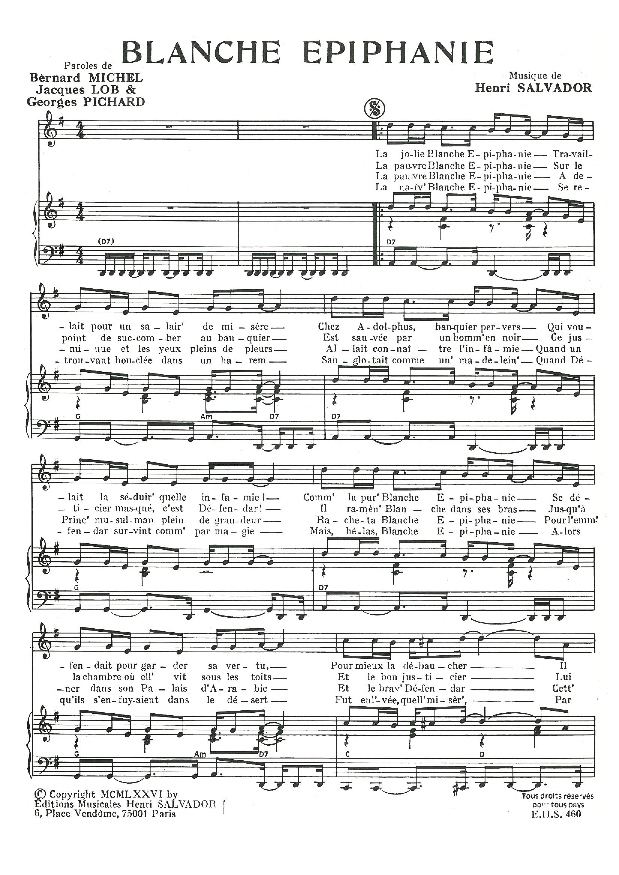 Henri Salvador Blanche Epiphanie sheet music notes and chords arranged for Piano & Vocal